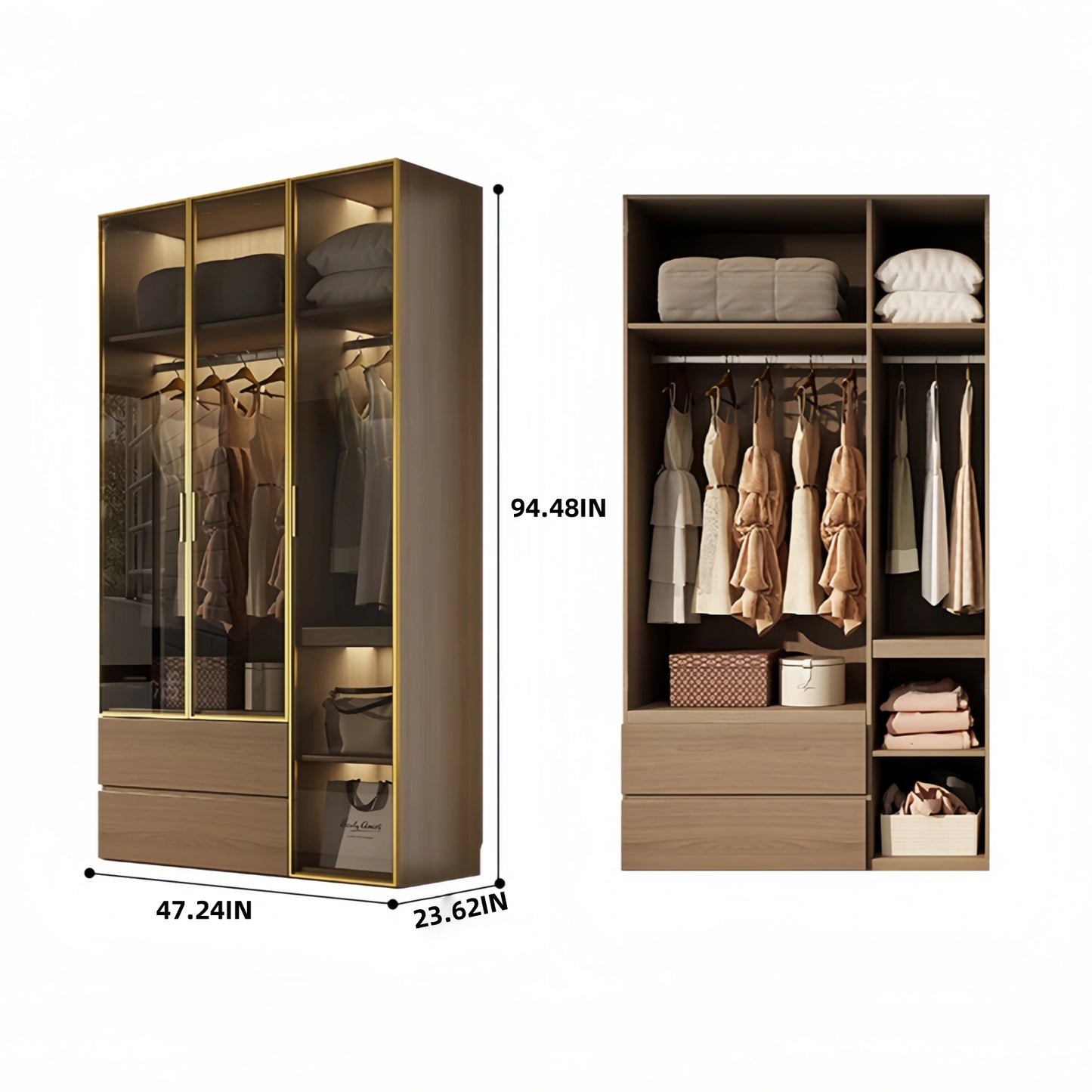 Aihm-Lon Wardrobe withLight Wood Planks and Gold Frame 24"-94"