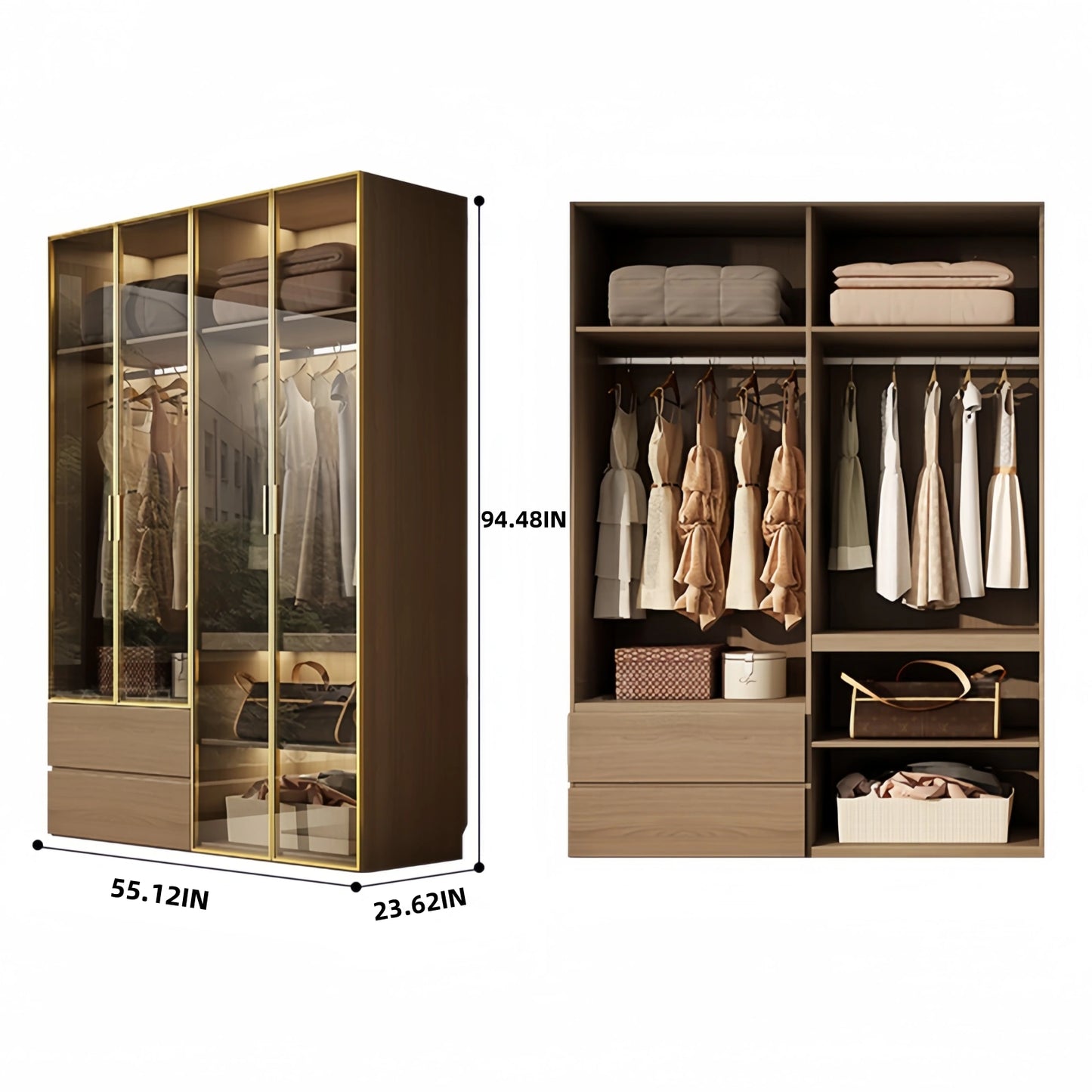 Aihm-Lon Wardrobe withLight Wood Planks and Gold Frame 24"-94"