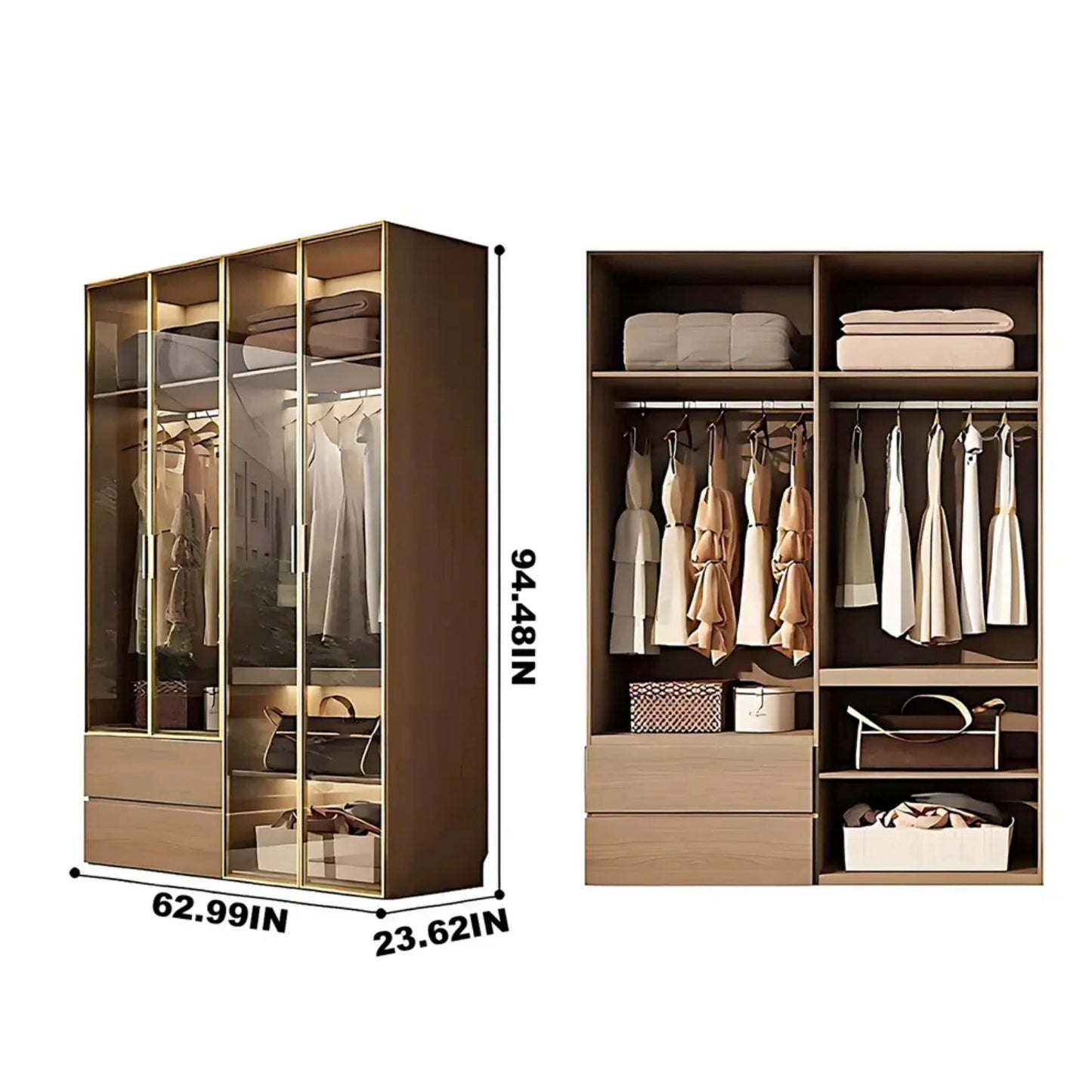 Aihm-Lon Wardrobe withLight Wood Planks and Gold Frame 24"-94"