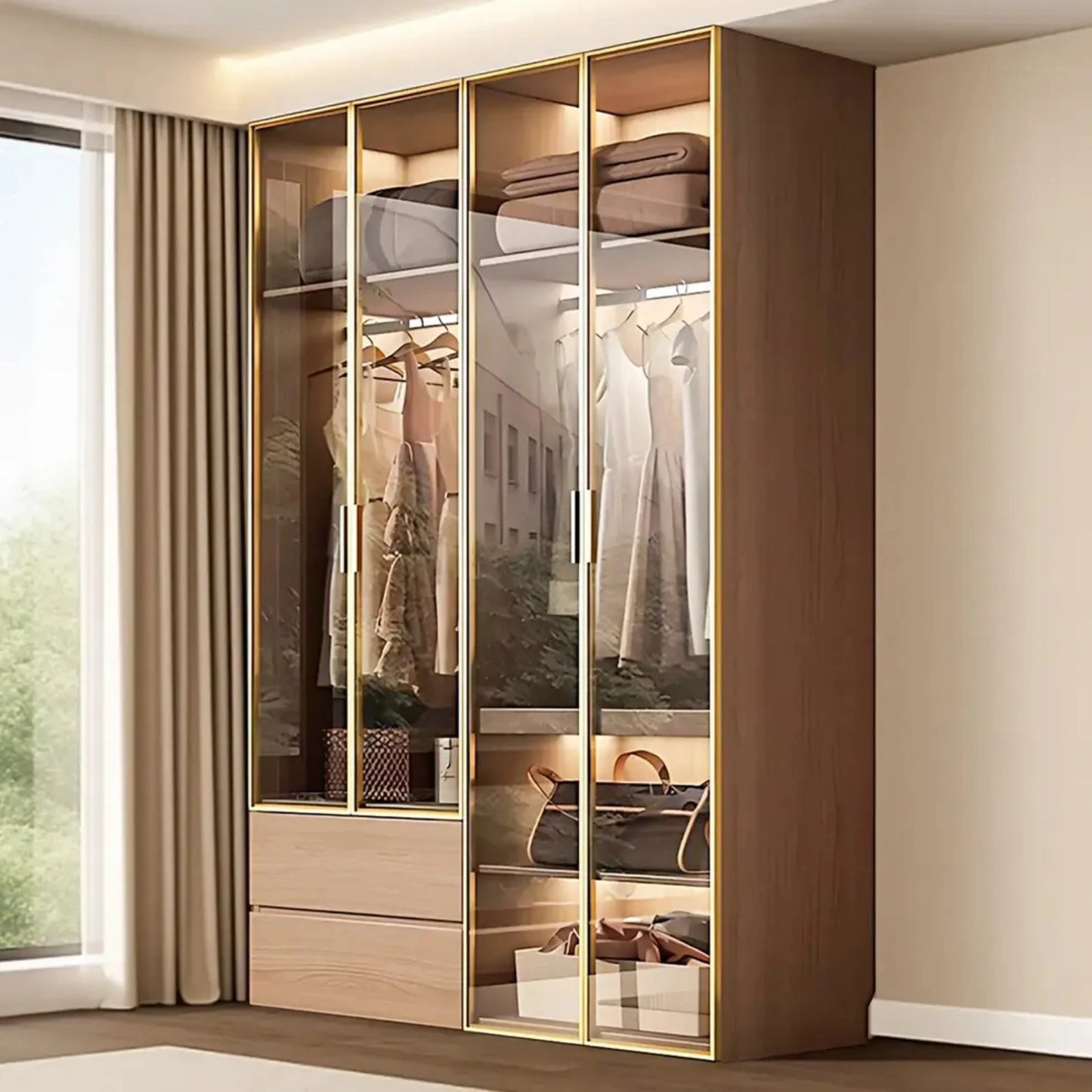 Aihm-Lon Wardrobe withLight Wood Planks and Gold Frame 24"-94"