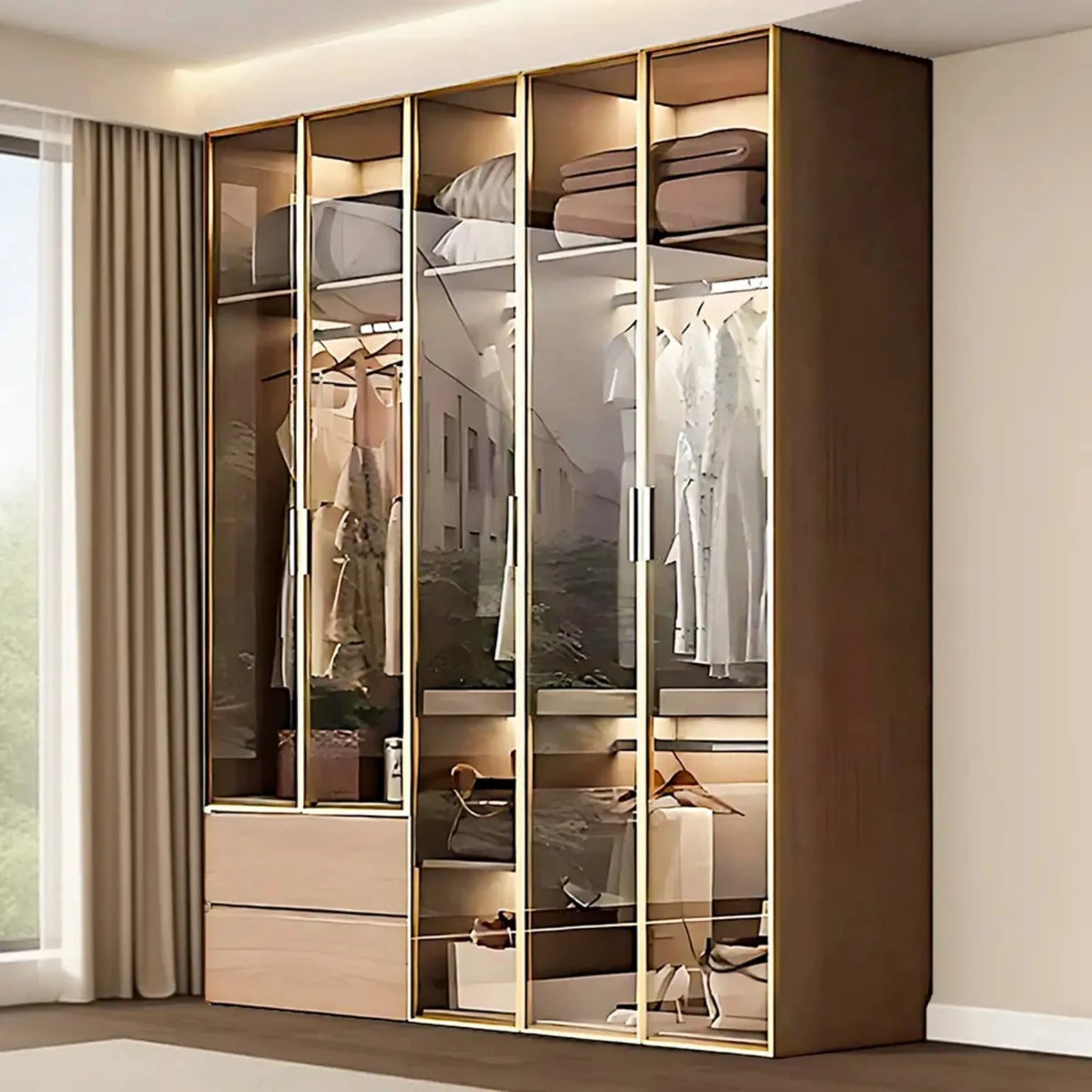 Aihm-Lon Wardrobe withLight Wood Planks and Gold Frame 24"-94"