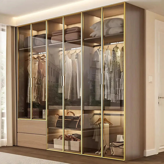 Aihm-Lon Wardrobe withLight Wood Planks and Gold Frame 24"-94"