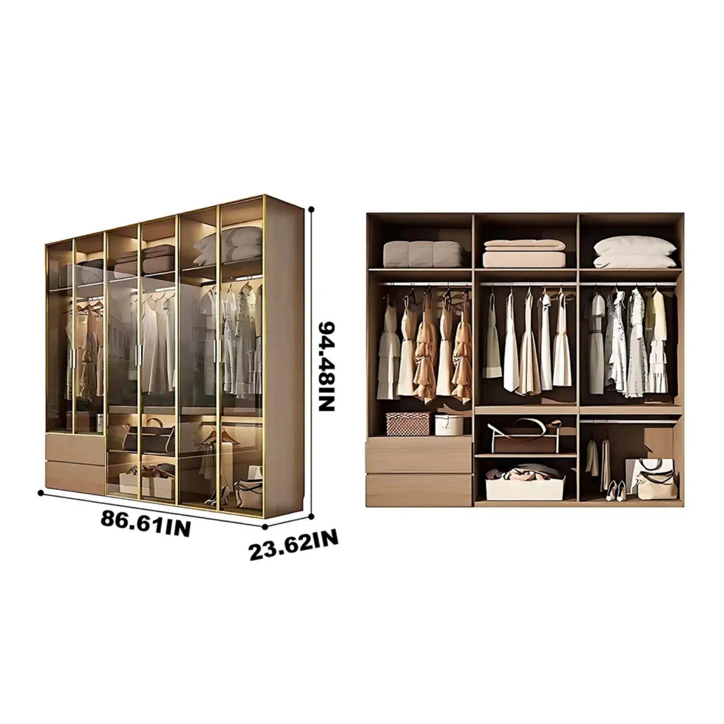 Aihm-Lon Wardrobe withLight Wood Planks and Gold Frame 24"-94"