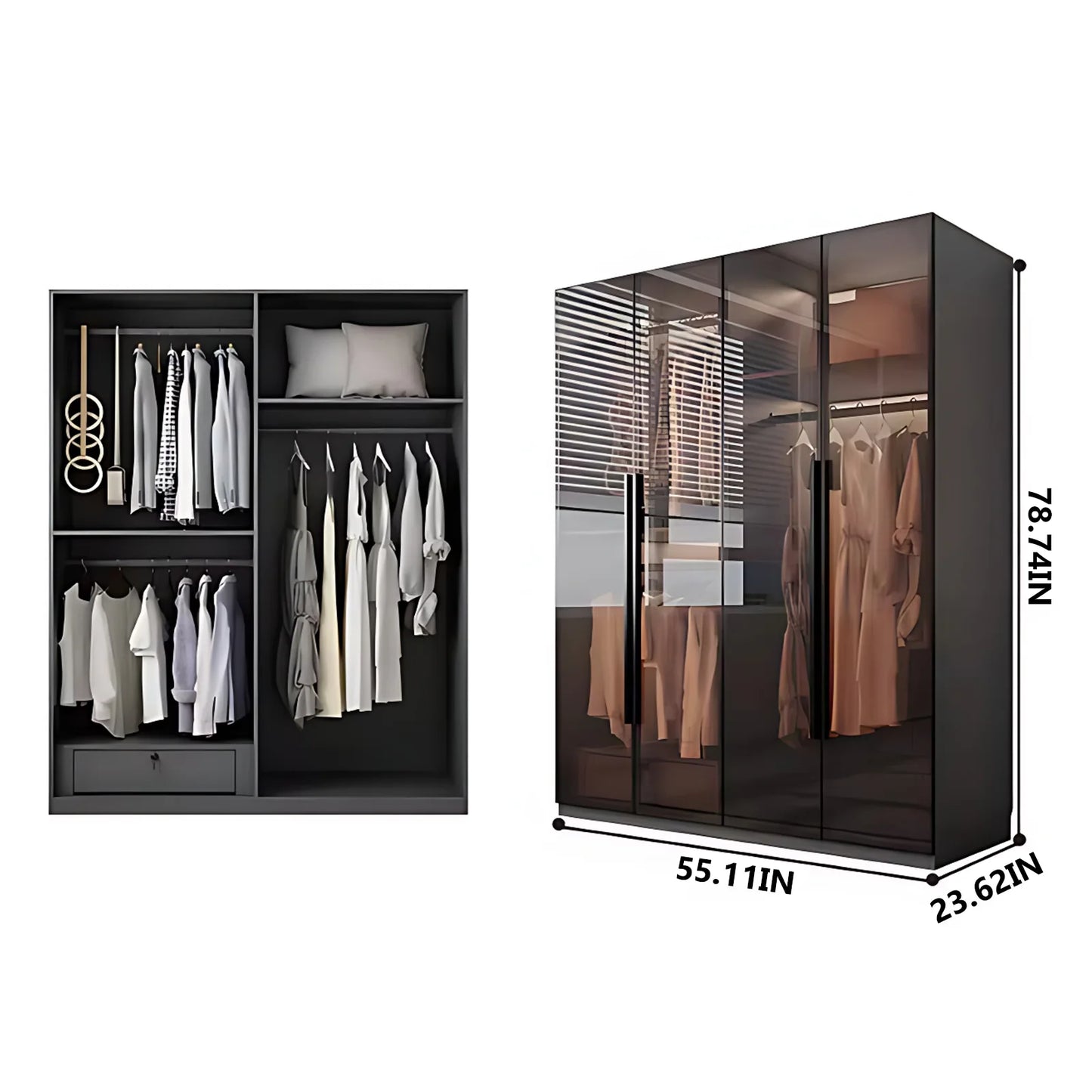 Aihm-Lon Luxurious Wardrobe with Glass Doors Drawers and Shelves 35"-94"
