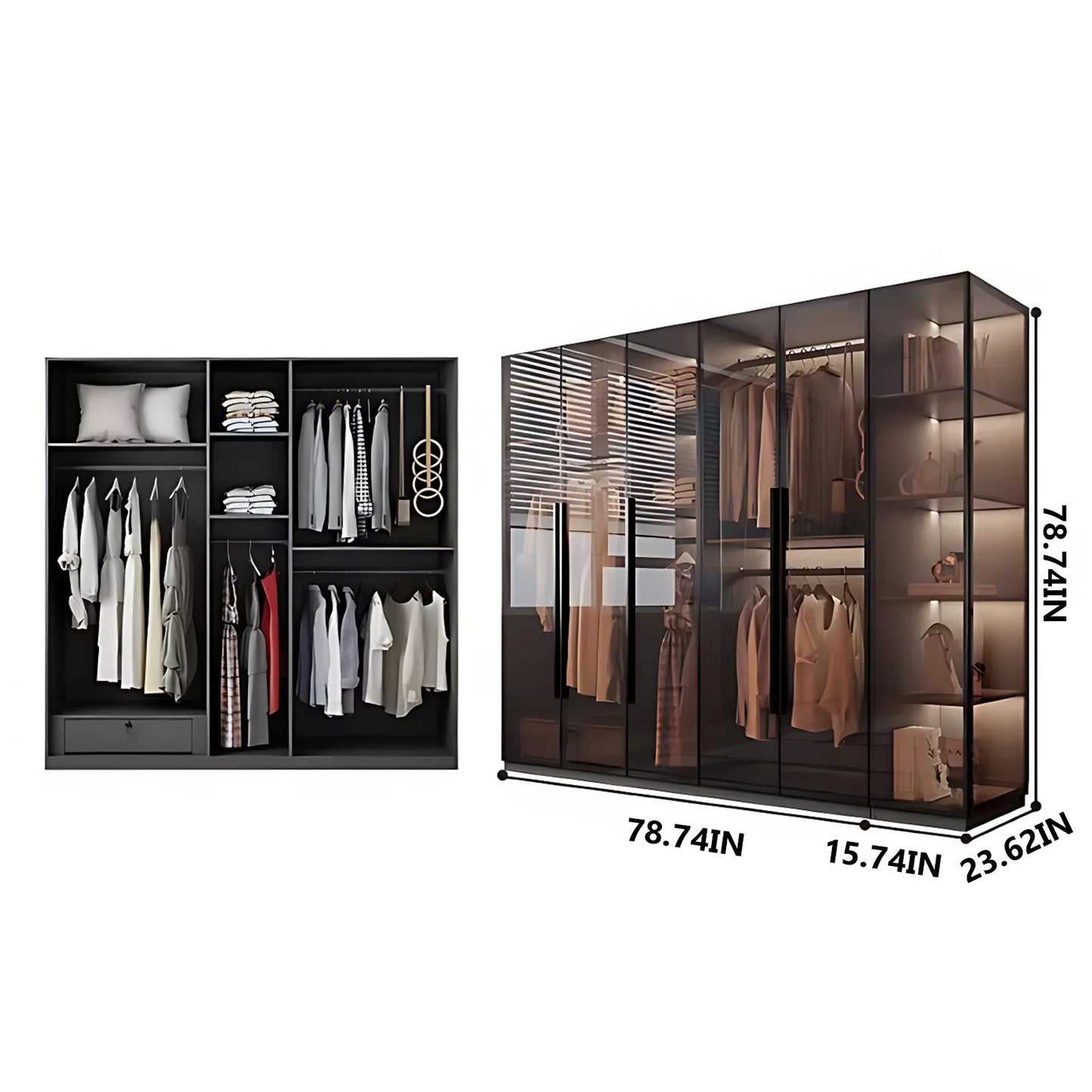 Aihm-Lon Luxurious Wardrobe with Glass Doors Drawers and Shelves 35"-94"