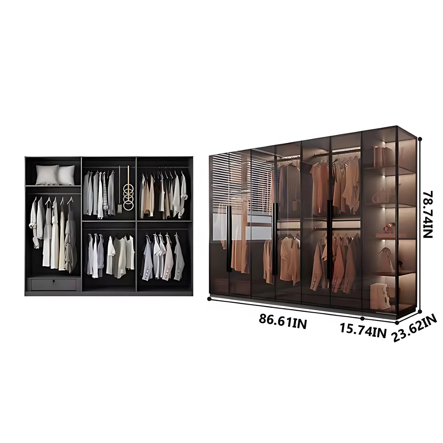 Aihm-Lon Luxurious Wardrobe with Glass Doors Drawers and Shelves 35"-94"