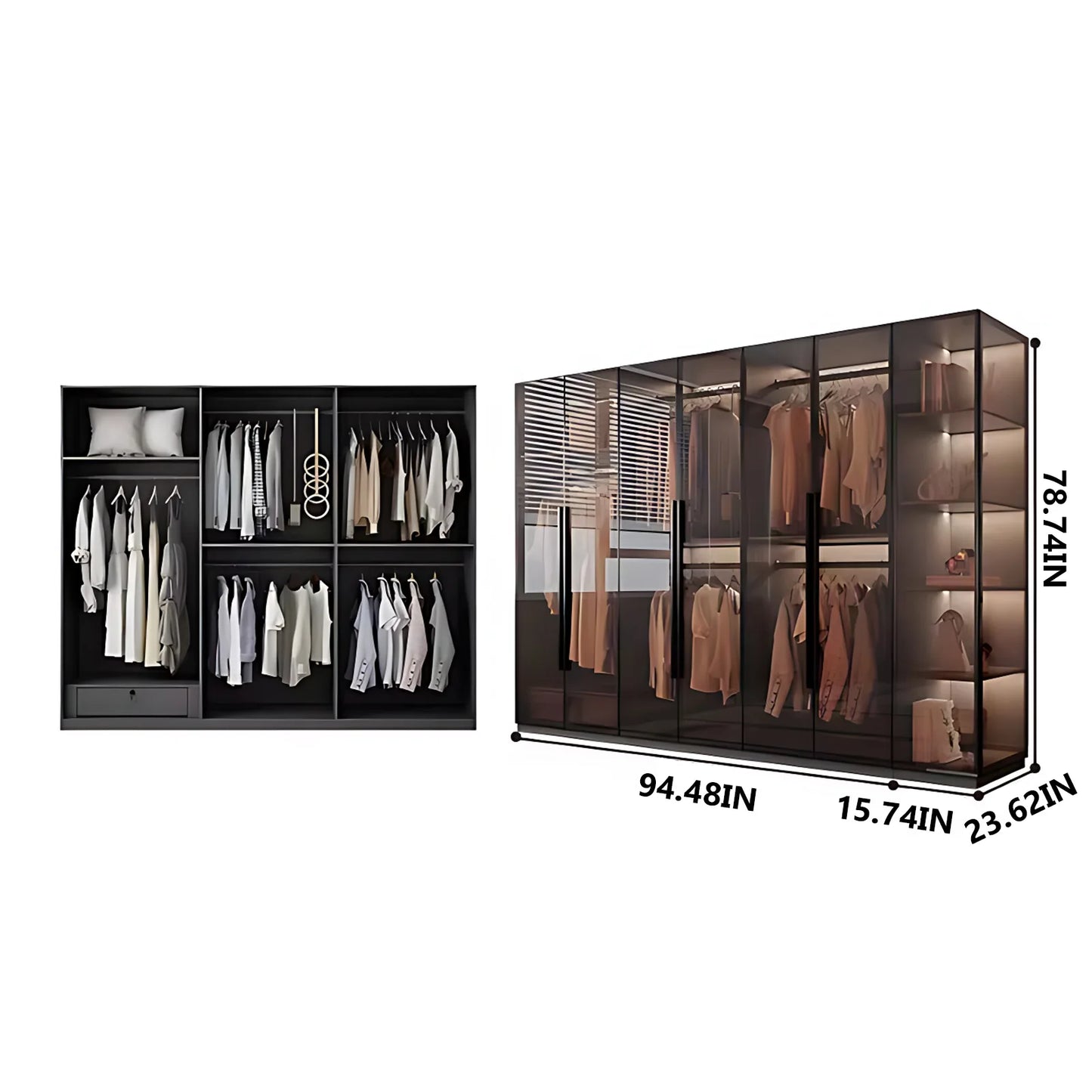 Aihm-Lon Luxurious Wardrobe with Glass Doors Drawers and Shelves 35"-94"