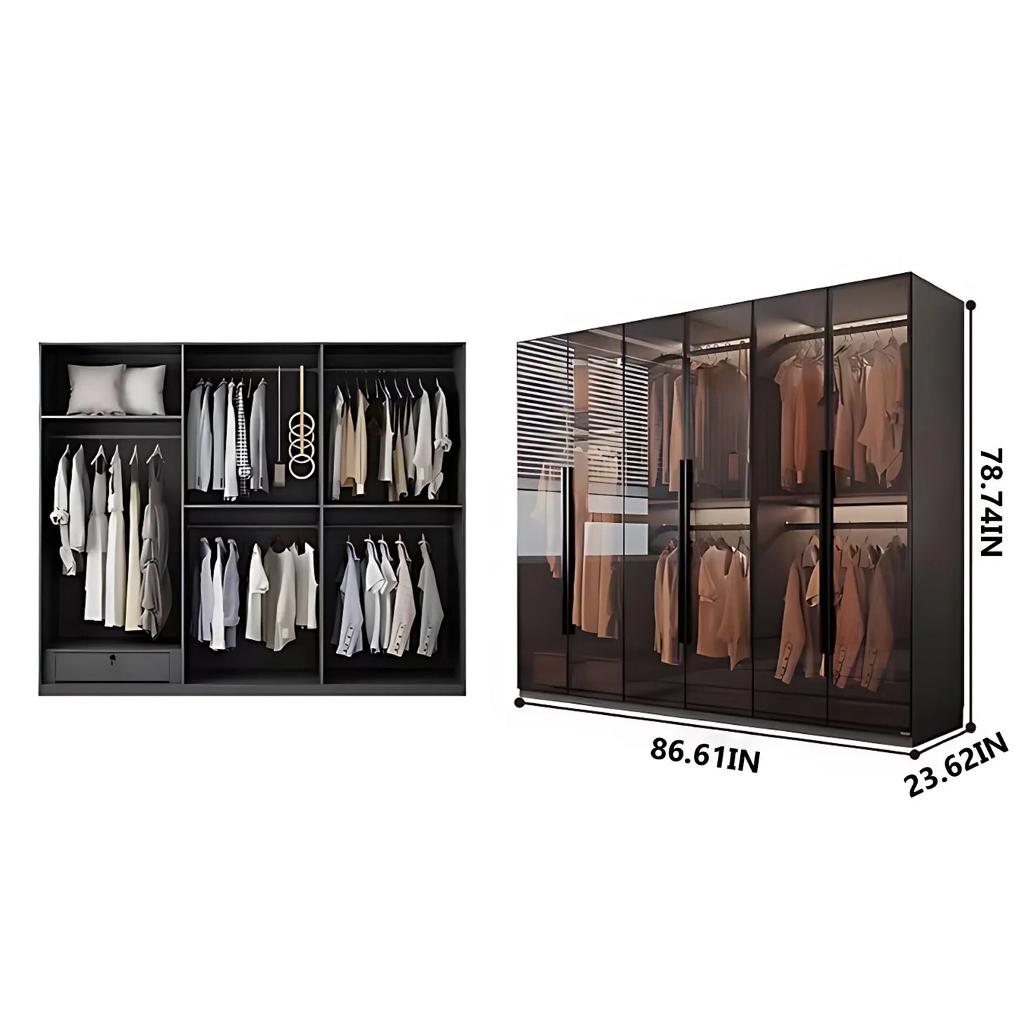 Aihm-Lon Luxurious Wardrobe with Glass Doors Drawers and Shelves 35"-94"