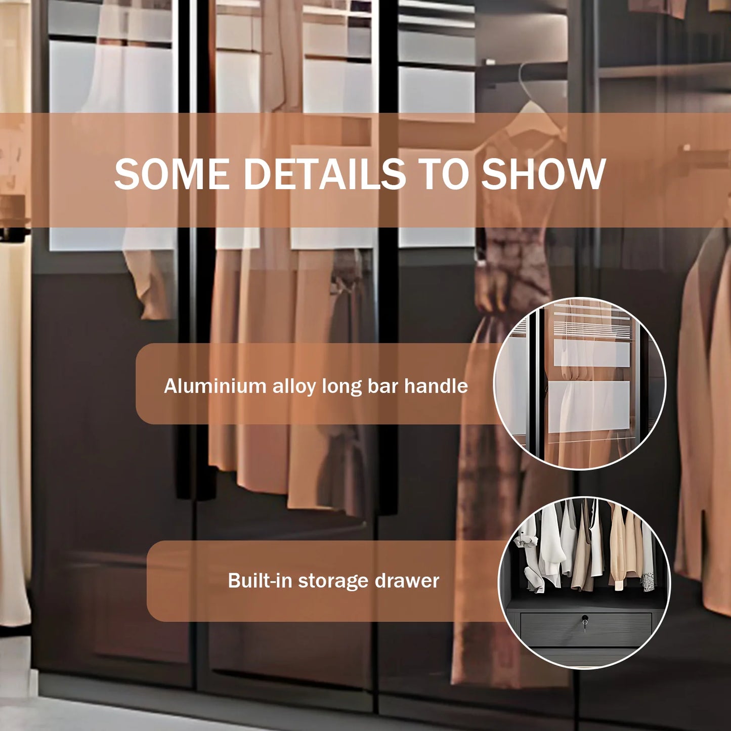 Aihm-Lon Luxurious Wardrobe with Glass Doors Black Handle and Shelves 35"-94"