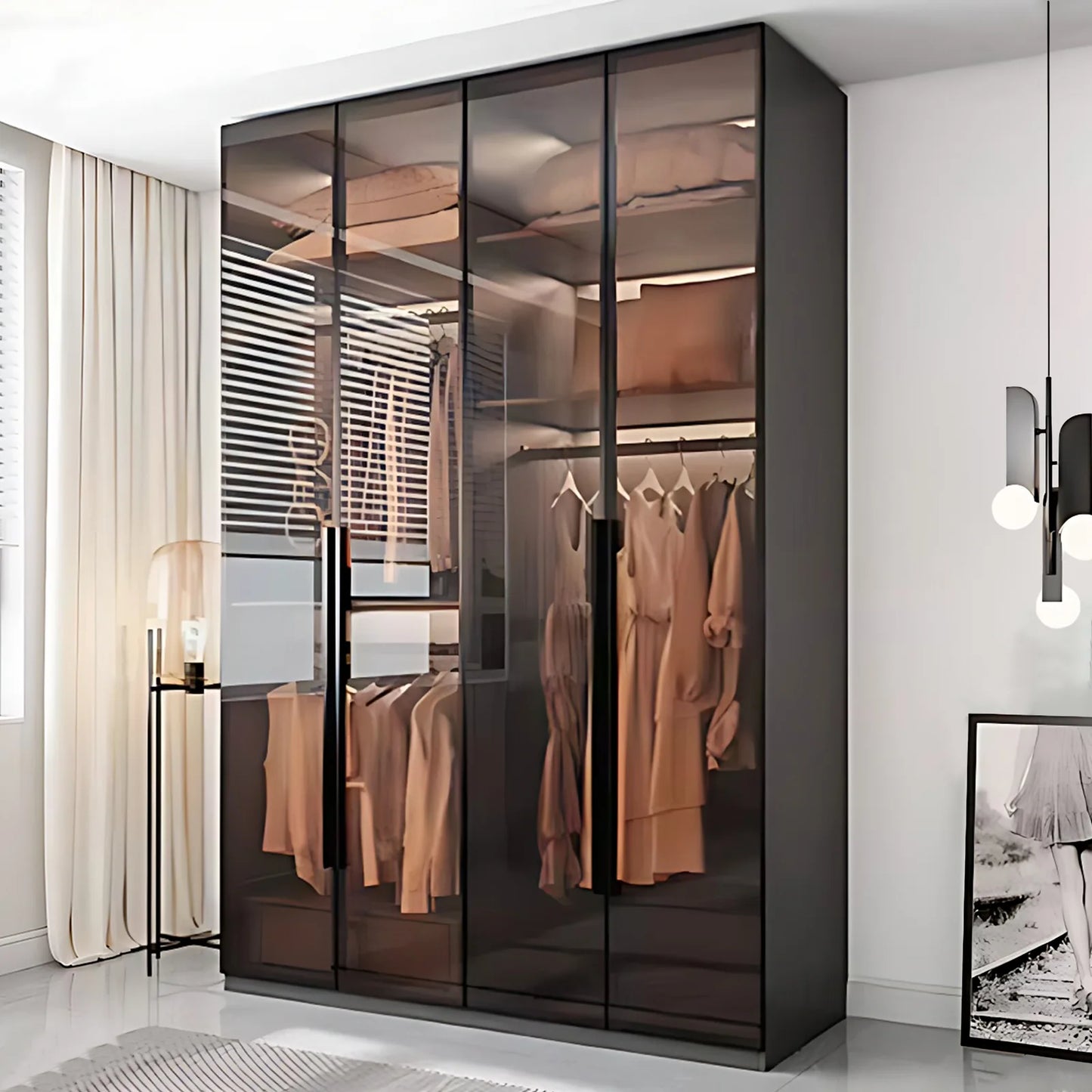 Aihm-Lon Luxurious Wardrobe with Glass Doors Black Handle and Shelves 35"-94"