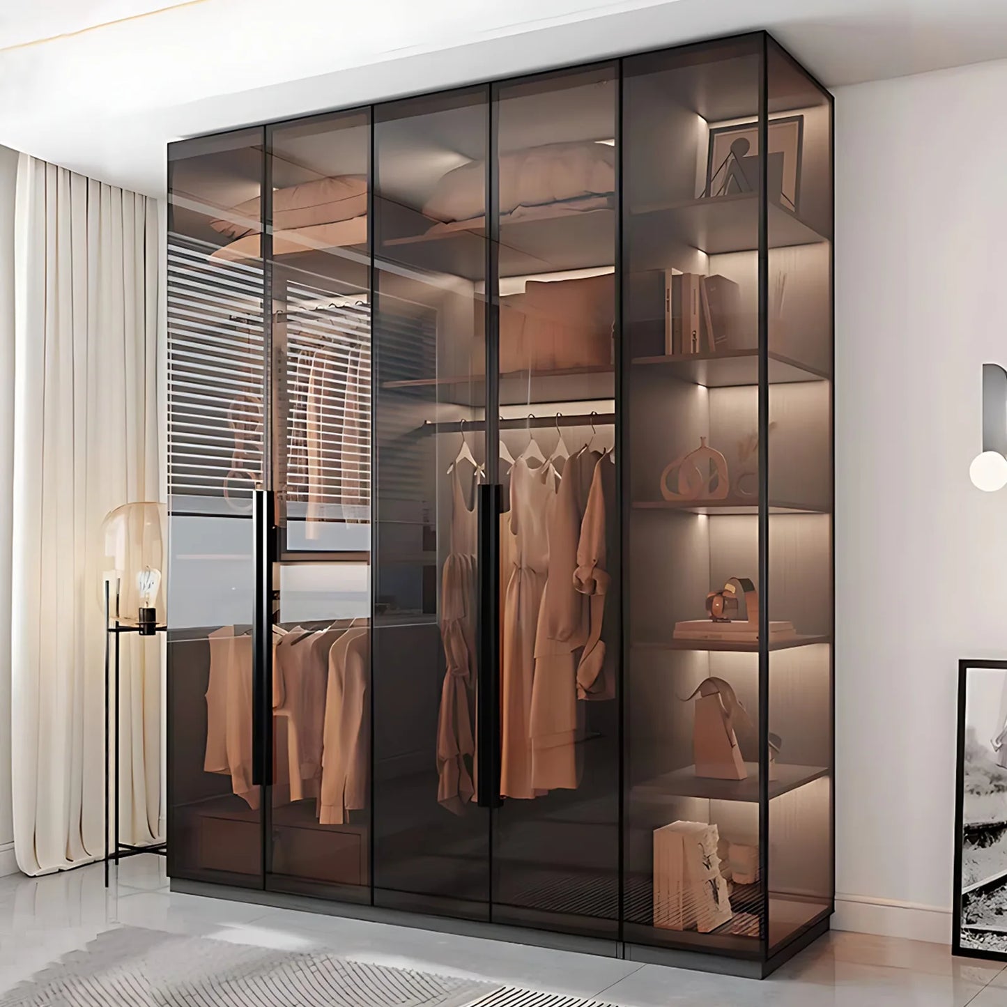 Aihm-Lon Luxurious Wardrobe with Glass Doors Black Handle and Shelves 35"-94"