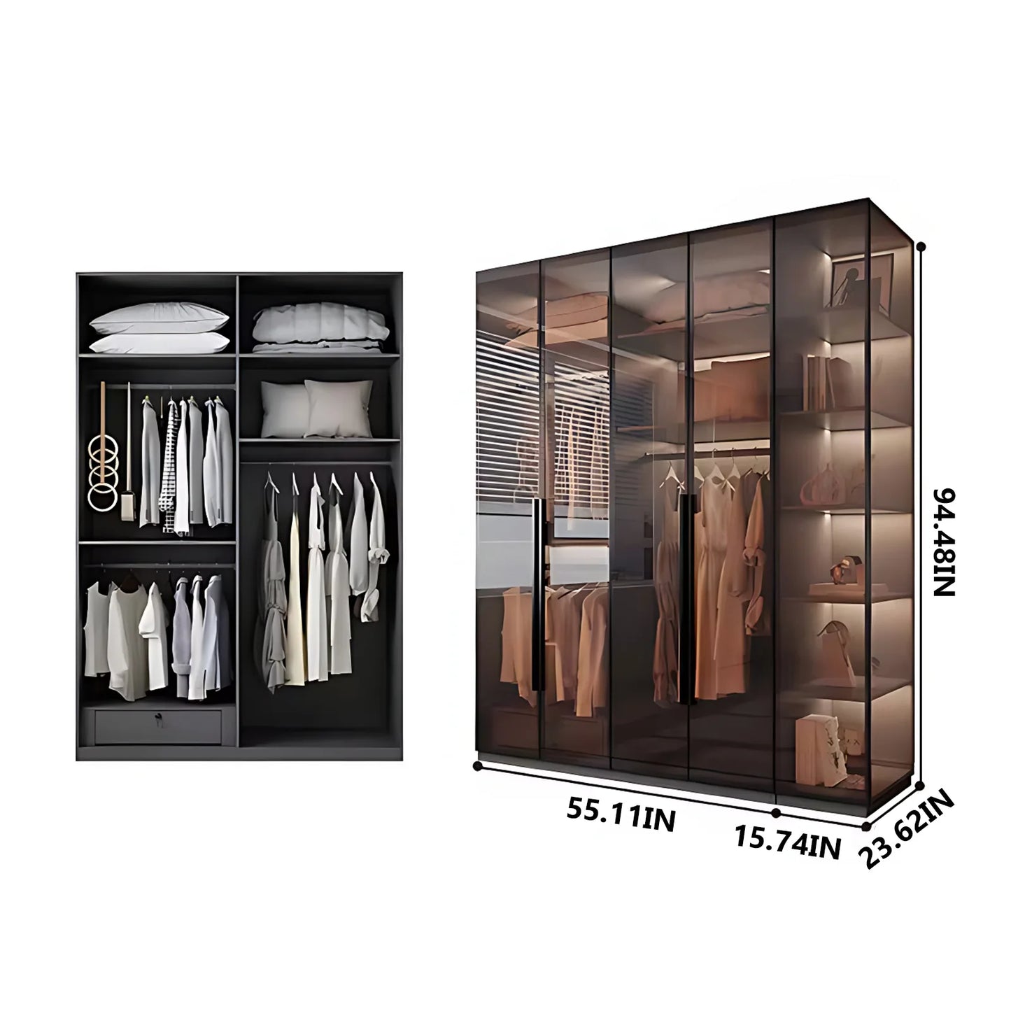 Aihm-Lon Luxurious Wardrobe with Glass Doors Black Handle and Shelves 35"-94"