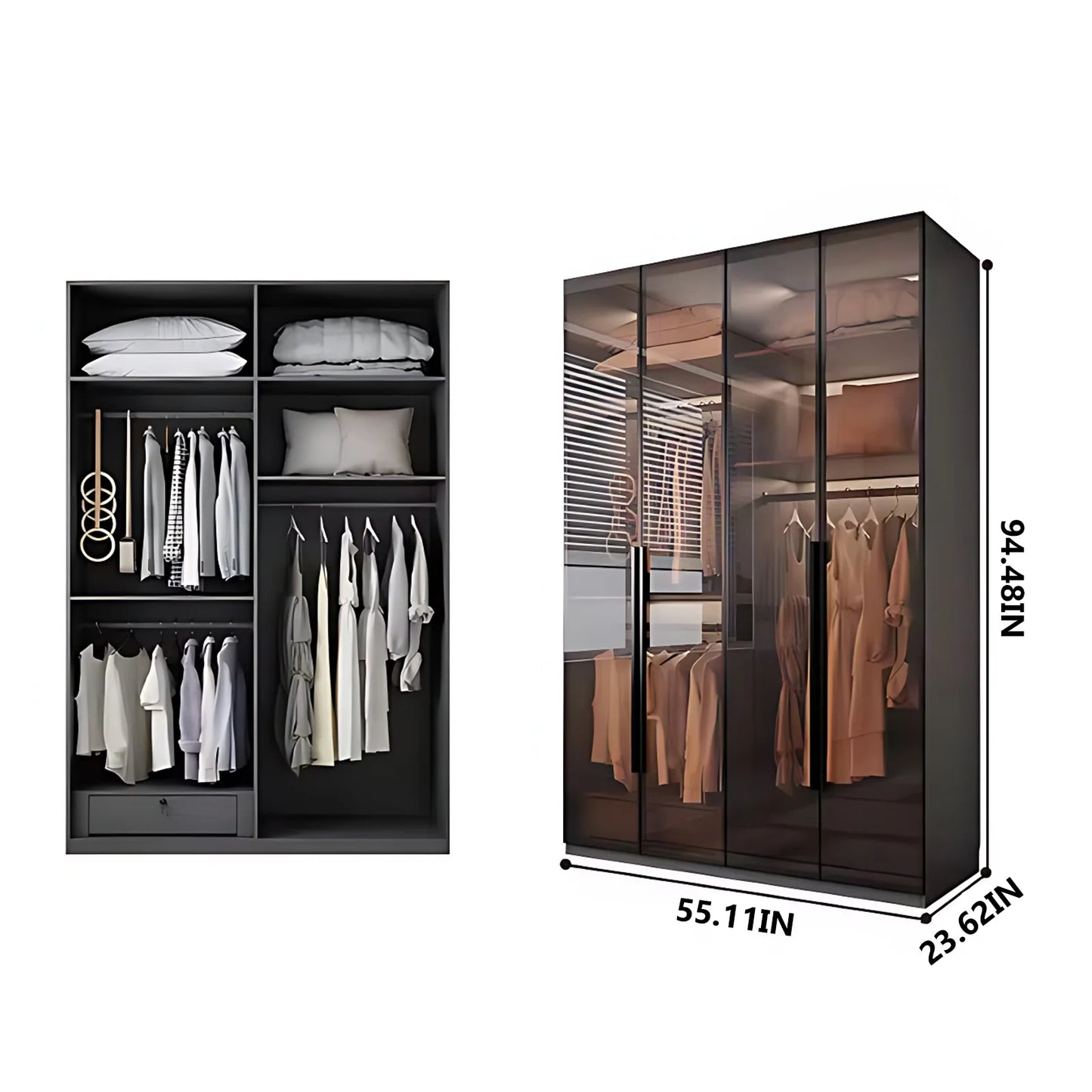 Aihm-Lon Luxurious Wardrobe with Glass Doors Black Handle and Shelves 35"-94"