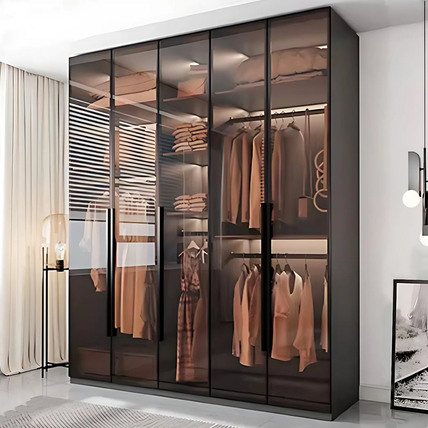 Aihm-Lon Luxurious Wardrobe with Glass Doors Black Handle and Shelves 35"-94"