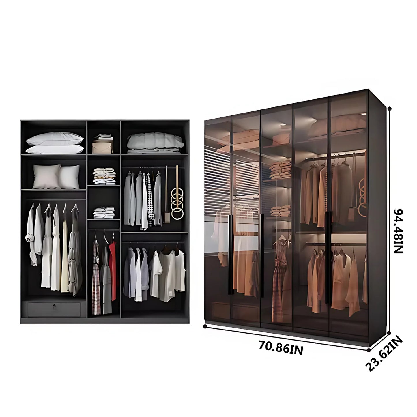 Aihm-Lon Luxurious Wardrobe with Glass Doors Black Handle and Shelves 35"-94"