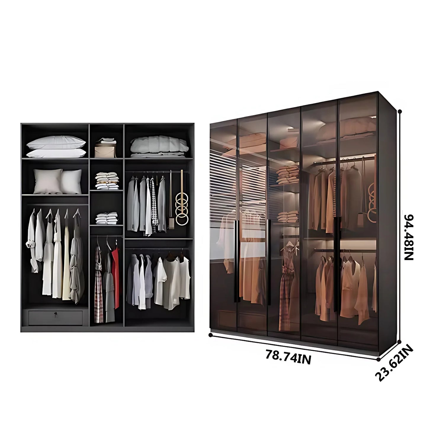 Aihm-Lon Luxurious Wardrobe with Glass Doors Black Handle and Shelves 35"-94"