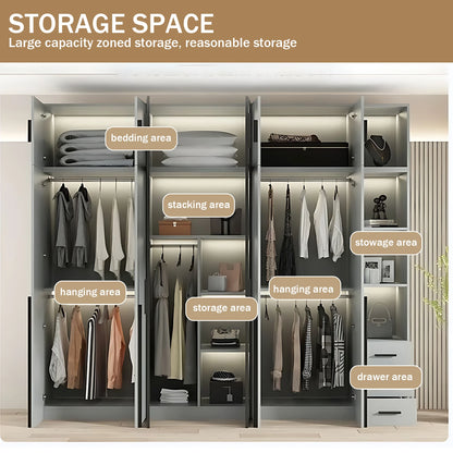 Aihm-Lon Sleek Wardrobes Closets with Black Exquisite Handle and Light  63"-102"