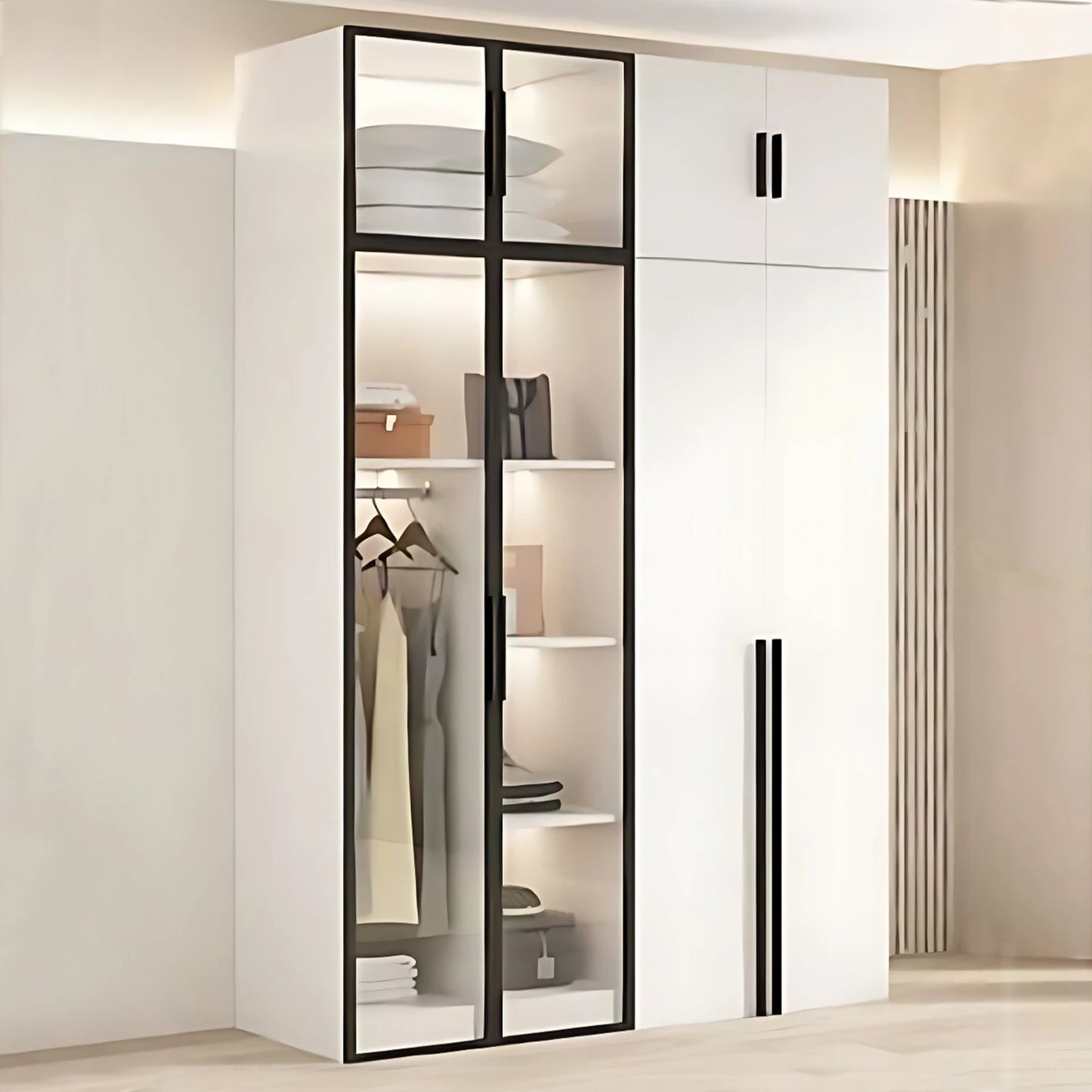 Aihm-Lon Sleek Wardrobes Closets with Black Exquisite Handle and Light  63"-102"