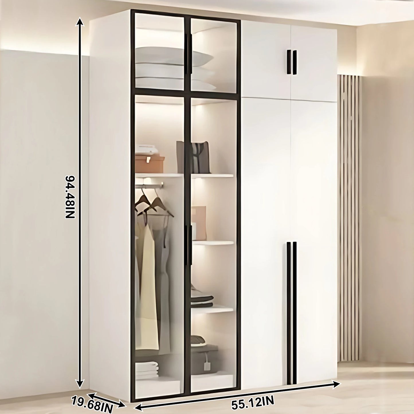 Aihm-Lon Sleek Wardrobes Closets with Black Exquisite Handle and Light  63"-102"