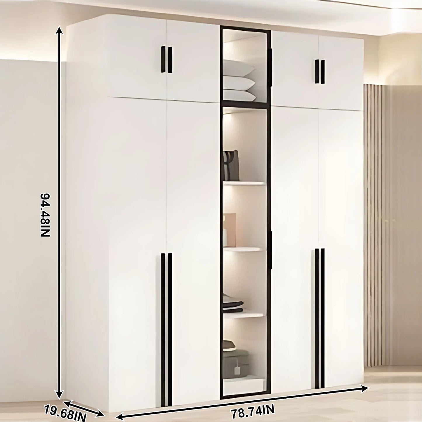 Aihm-Lon Sleek Wardrobes Closets with Black Exquisite Handle and Light  63"-102"