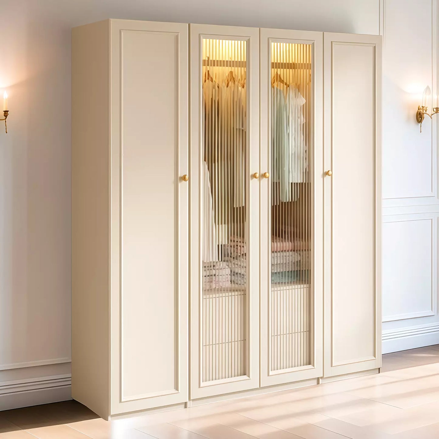 Aihm-Lon Wardrobe with Elegant Glass Doors and Metal Round Handles 63"-94"