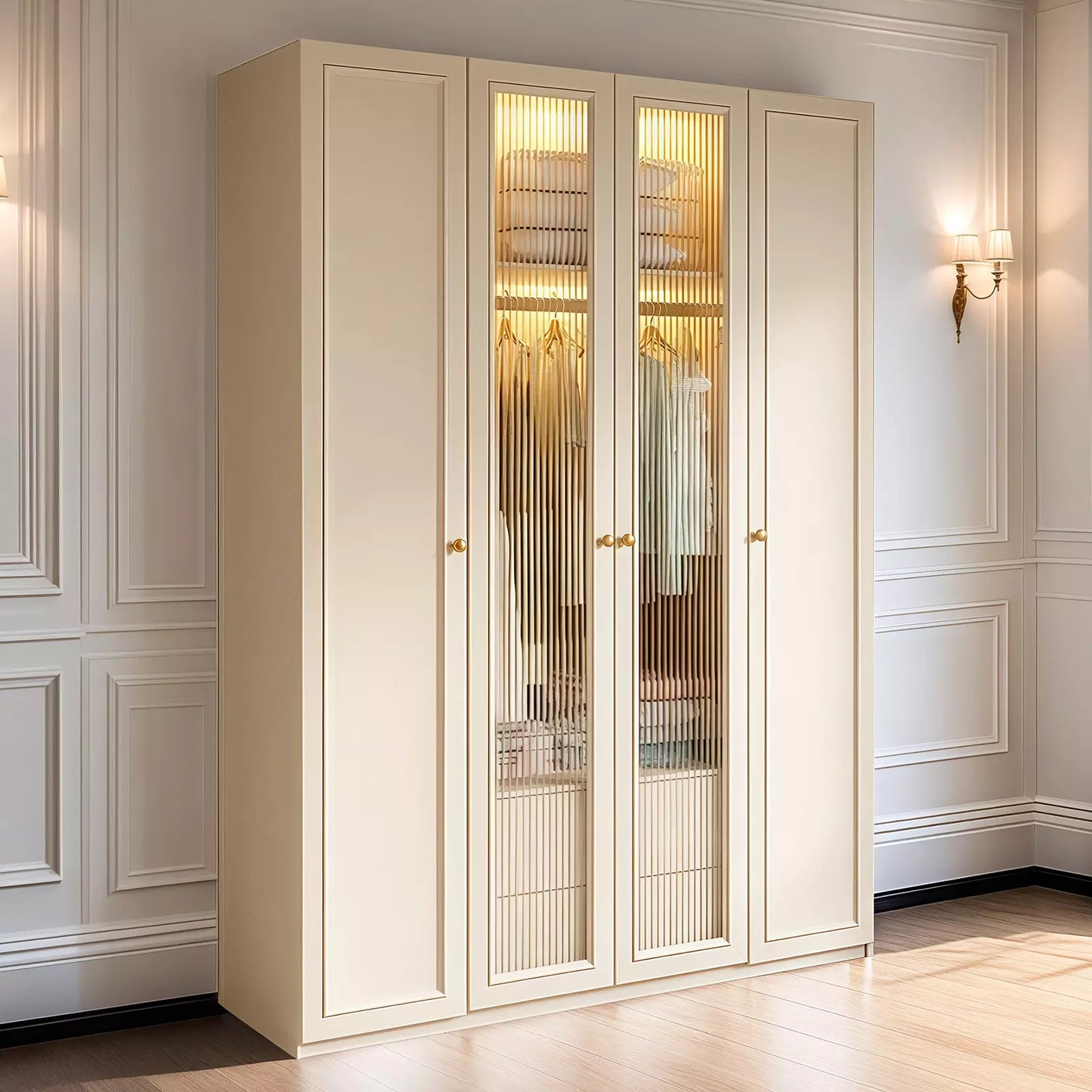 Aihm-Lon Wardrobe with Elegant Glass Doors and Metal Round Handles 63"-94"