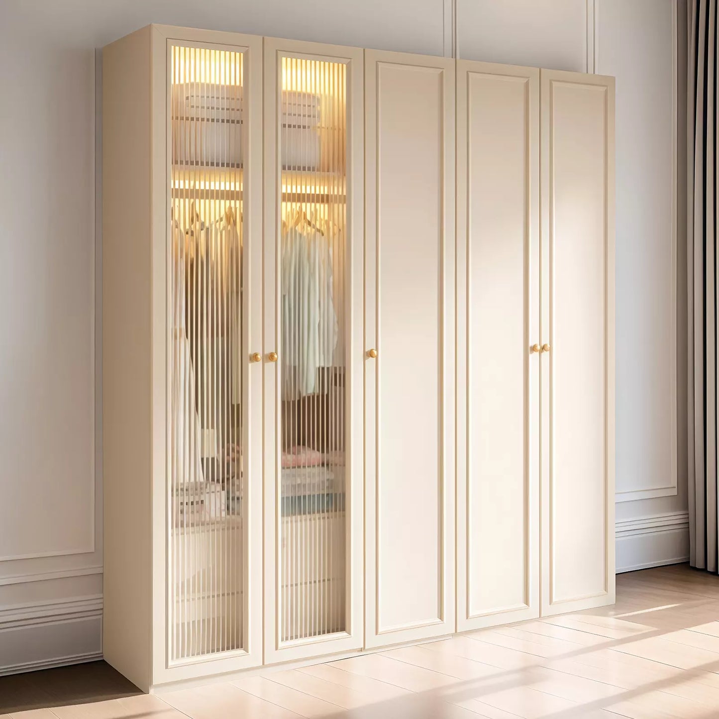 Aihm-Lon Wardrobe with Elegant Glass Doors and Metal Round Handles 63"-94"