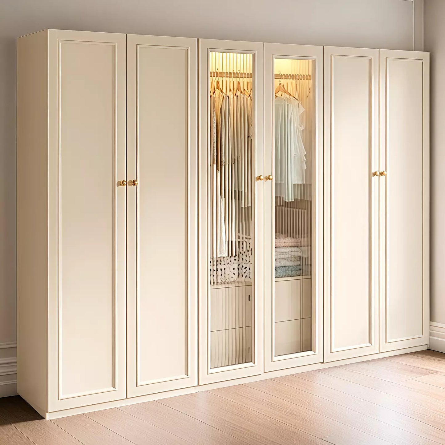 Aihm-Lon Wardrobe with Elegant Glass Doors and Metal Round Handles 63"-94"