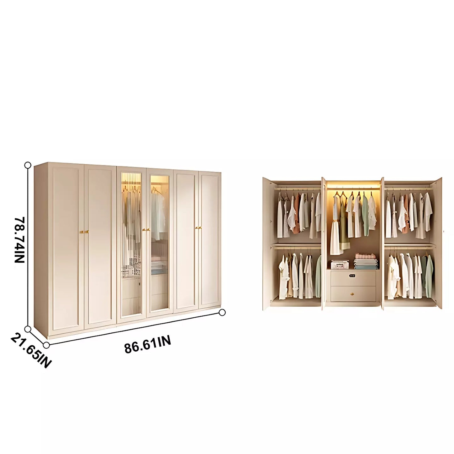 Aihm-Lon Wardrobe with Elegant Glass Doors and Metal Round Handles 63"-94"