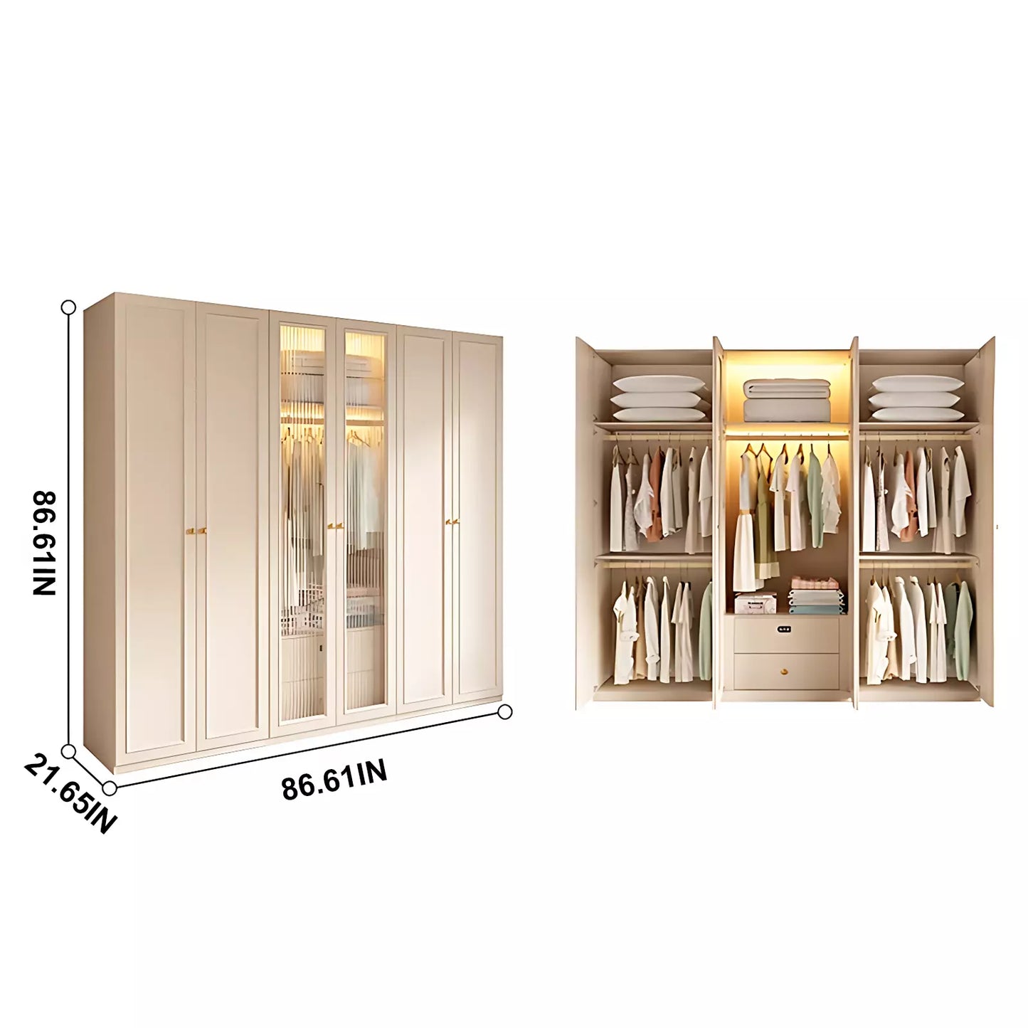 Aihm-Lon Wardrobe with Elegant Glass Doors and Metal Round Handles 63"-94"