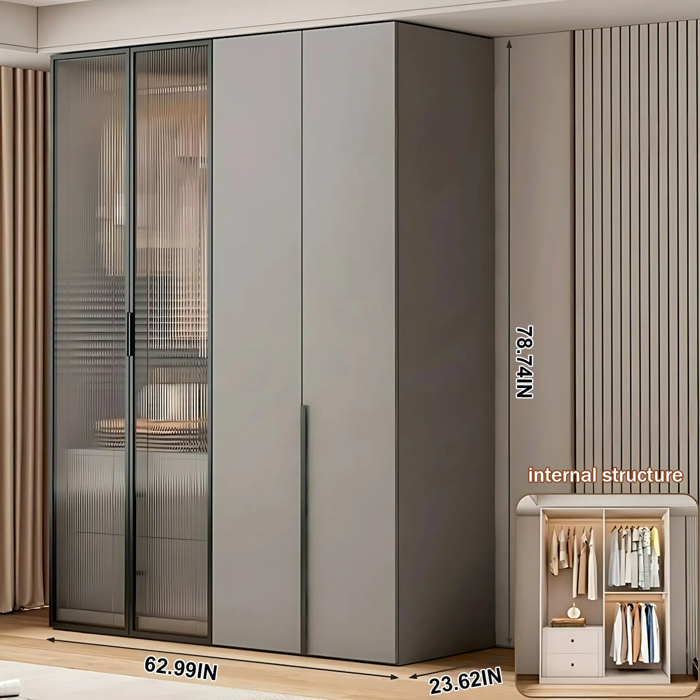Aihm-Lon Contemporary Wardrobe Closets with Drawers Recessed Glass Doors 63"-94"