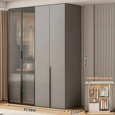 Aihm-Lon Contemporary Wardrobe Closets with Drawers Recessed Glass Doors 63"-94"