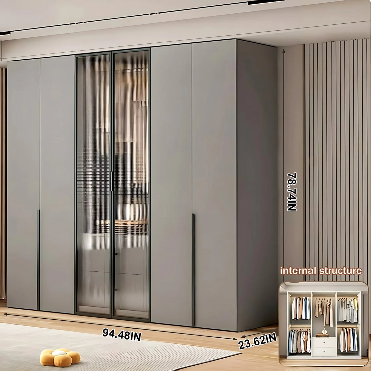 Aihm-Lon Contemporary Wardrobe Closets with Drawers Recessed Glass Doors 63"-94"