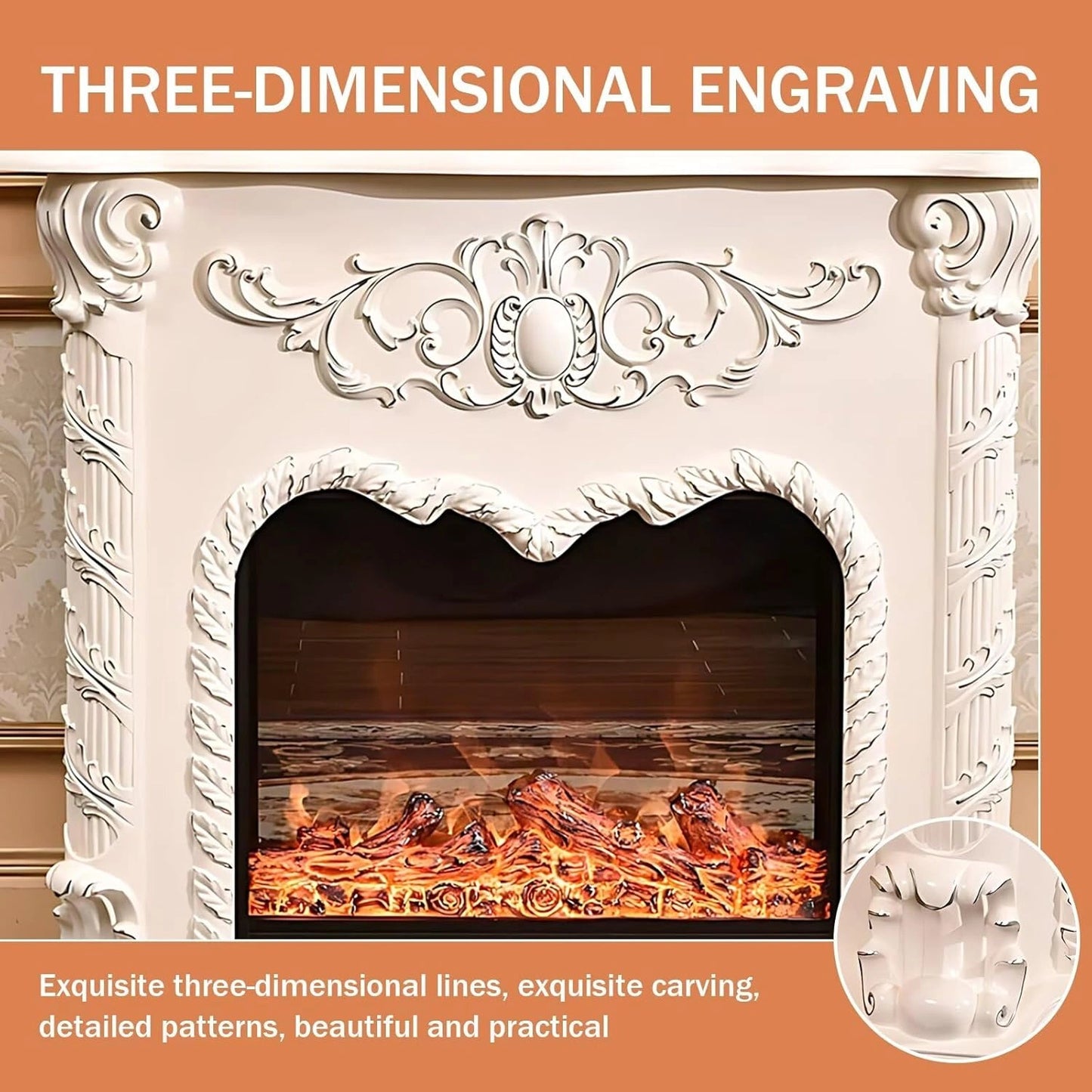 Aihm-Lon Electric Fireplace Includes Swirling Texture Design with Floral Pattern 47”