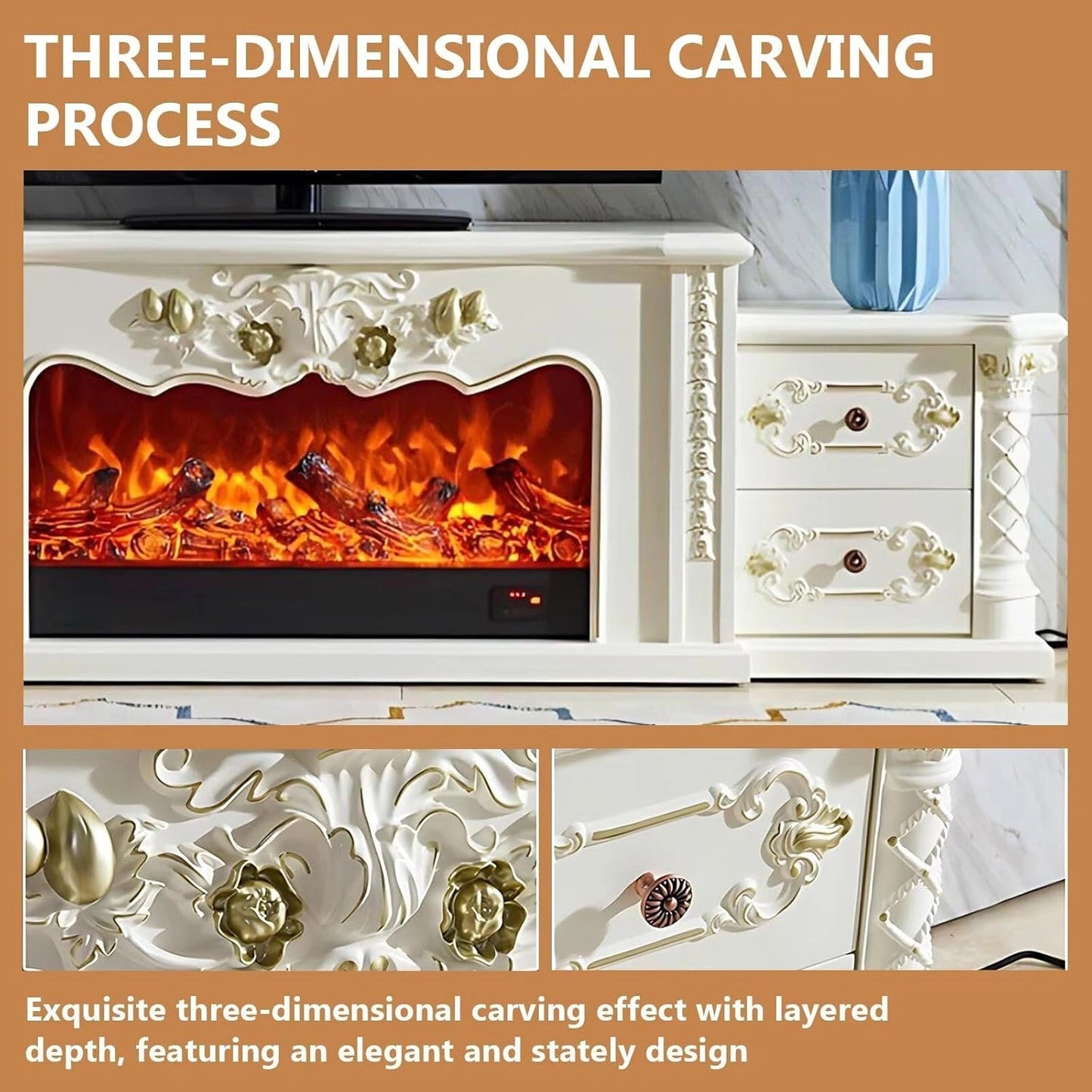 Aihm-Lon Luxurious Electric Fireplace Includes Vintage Carving with 4 Drawers 81”