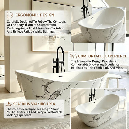 Freestanding Bathtubs - Acrylic Bathtub with Marble Pattern Drain Includes Oval Shape