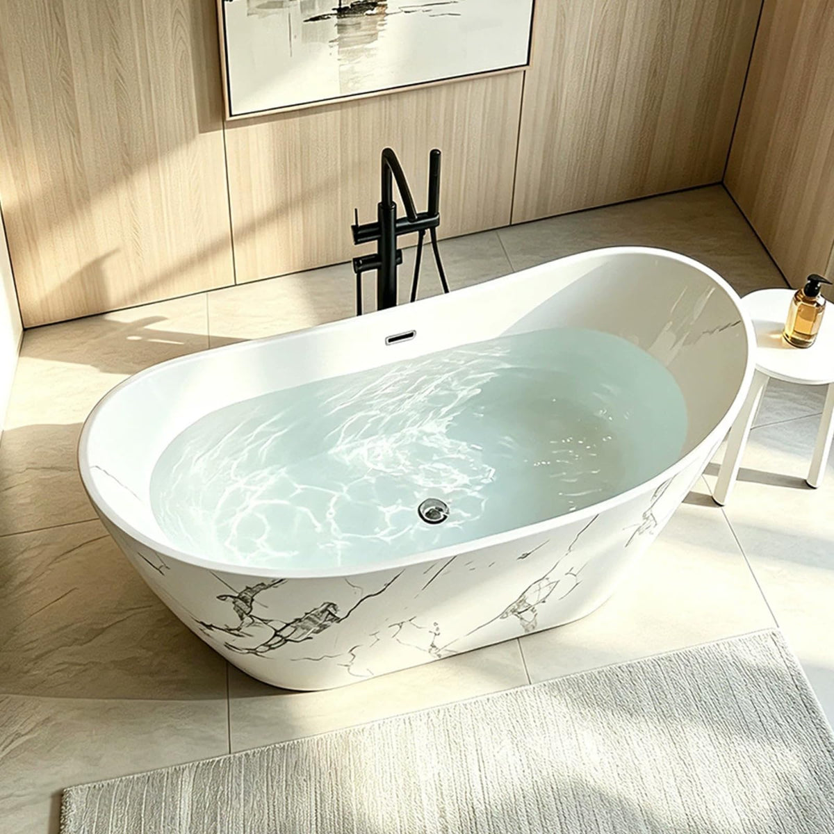 Freestanding Bathtubs - Acrylic Bathtub with Marble Pattern Drain Includes Oval Shape