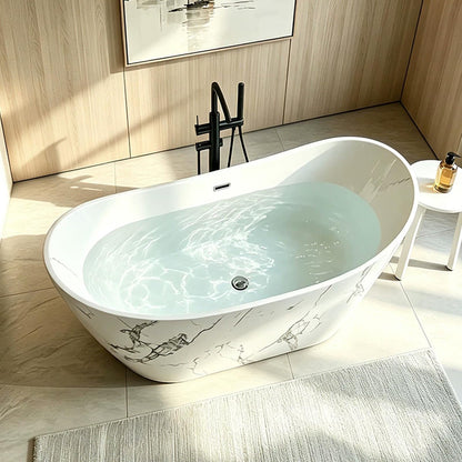 Freestanding Bathtubs - Acrylic Bathtub with Marble Pattern Drain Includes Oval Shape