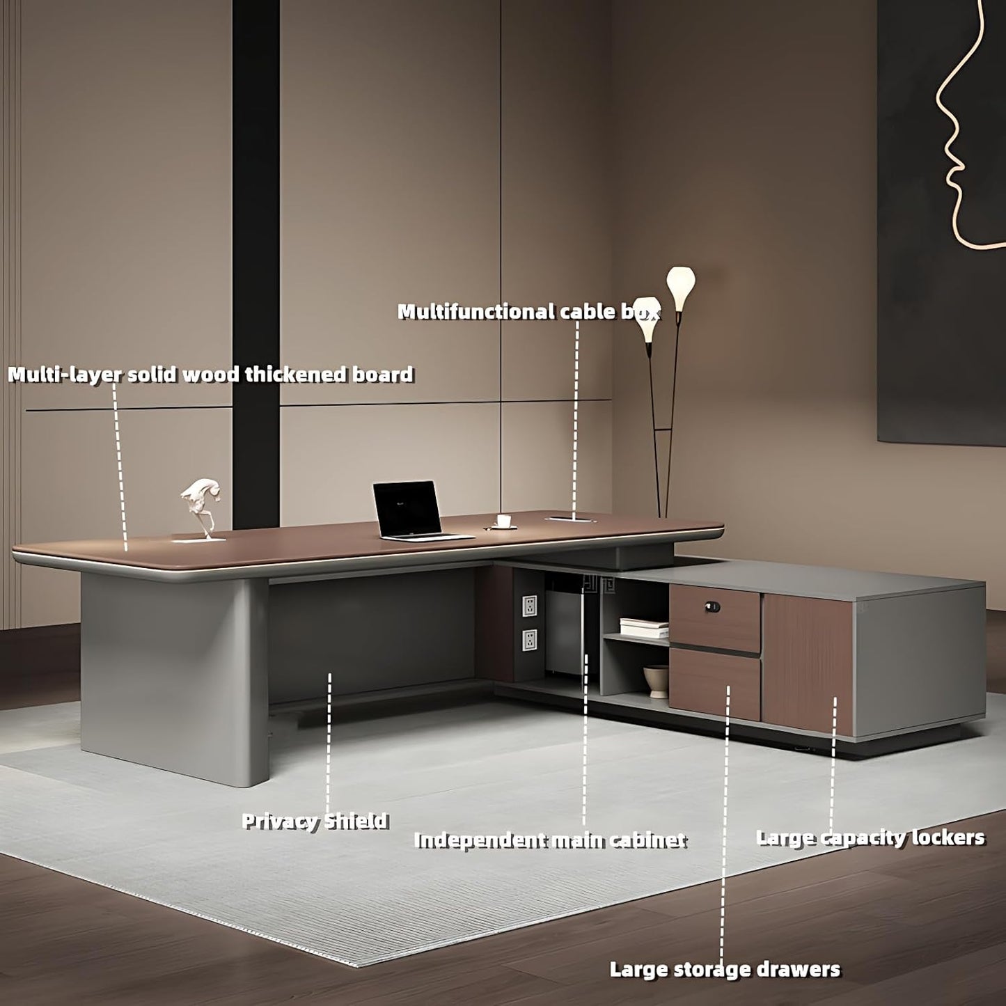 Aihm-Lon Executive Desk with L-Shaped Drawers 78.74"-118.11"