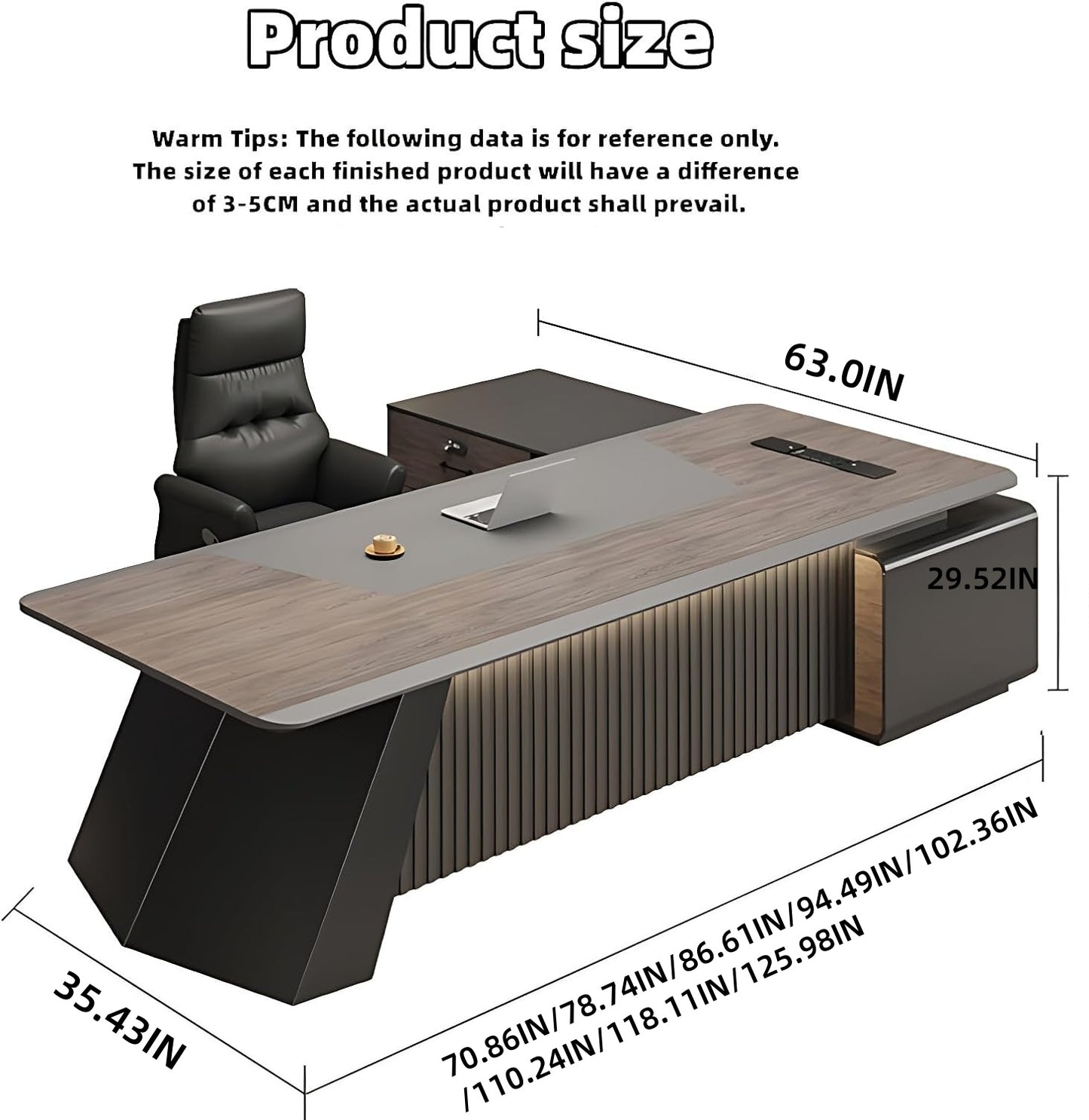 Aihm-Lon Executive Desk with Modern Unique Design 70.86"-125.98"