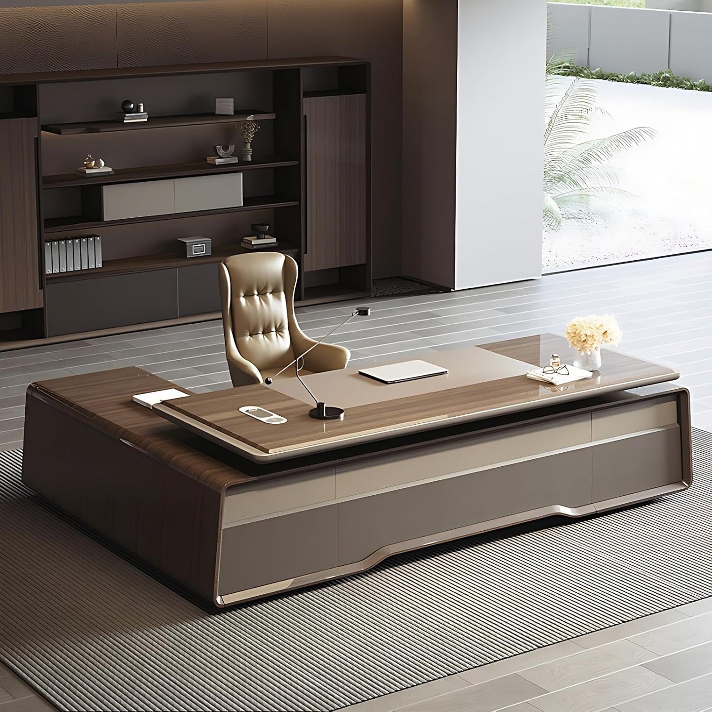 Aihm-Lon Executive Desk with Brown Log Style Drawers 78.7"-141.7"