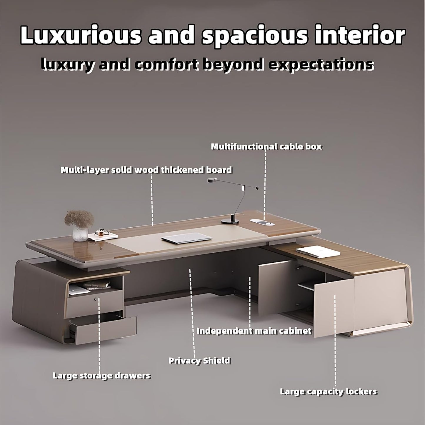 Aihm-Lon Executive Desk with Brown Log Style Drawers 78.7"-141.7"