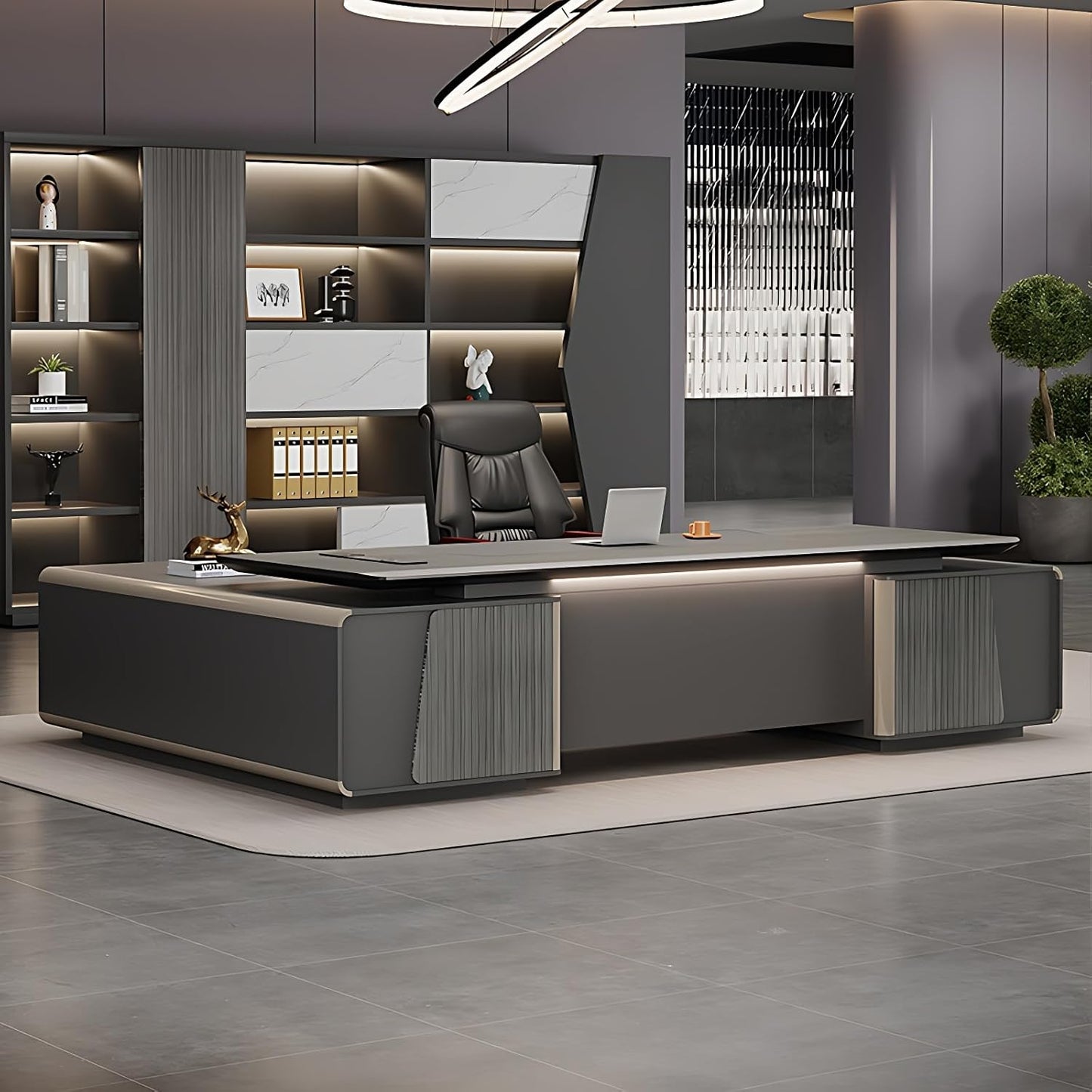 Aihm-Lon Black Executive Desk with Drawers 78.74"-125.98"