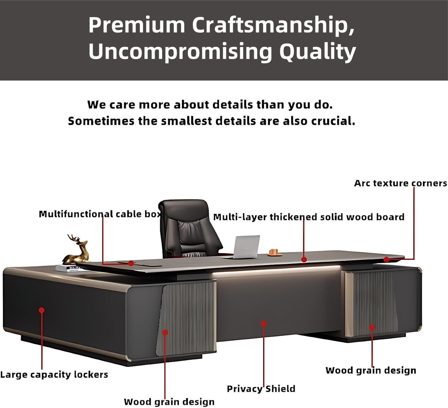 Aihm-Lon Black Executive Desk with Drawers 78.74"-125.98"