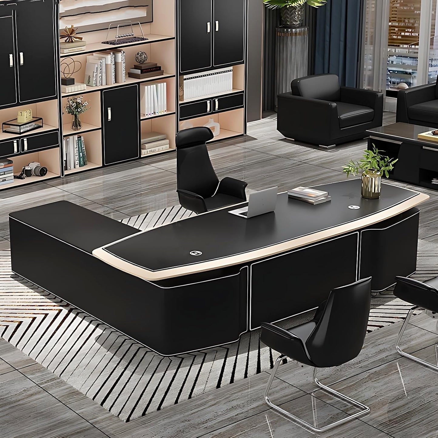 Aihm-Lon Executive Desk with Black Luxury Style Storage 78.7"-125.98"