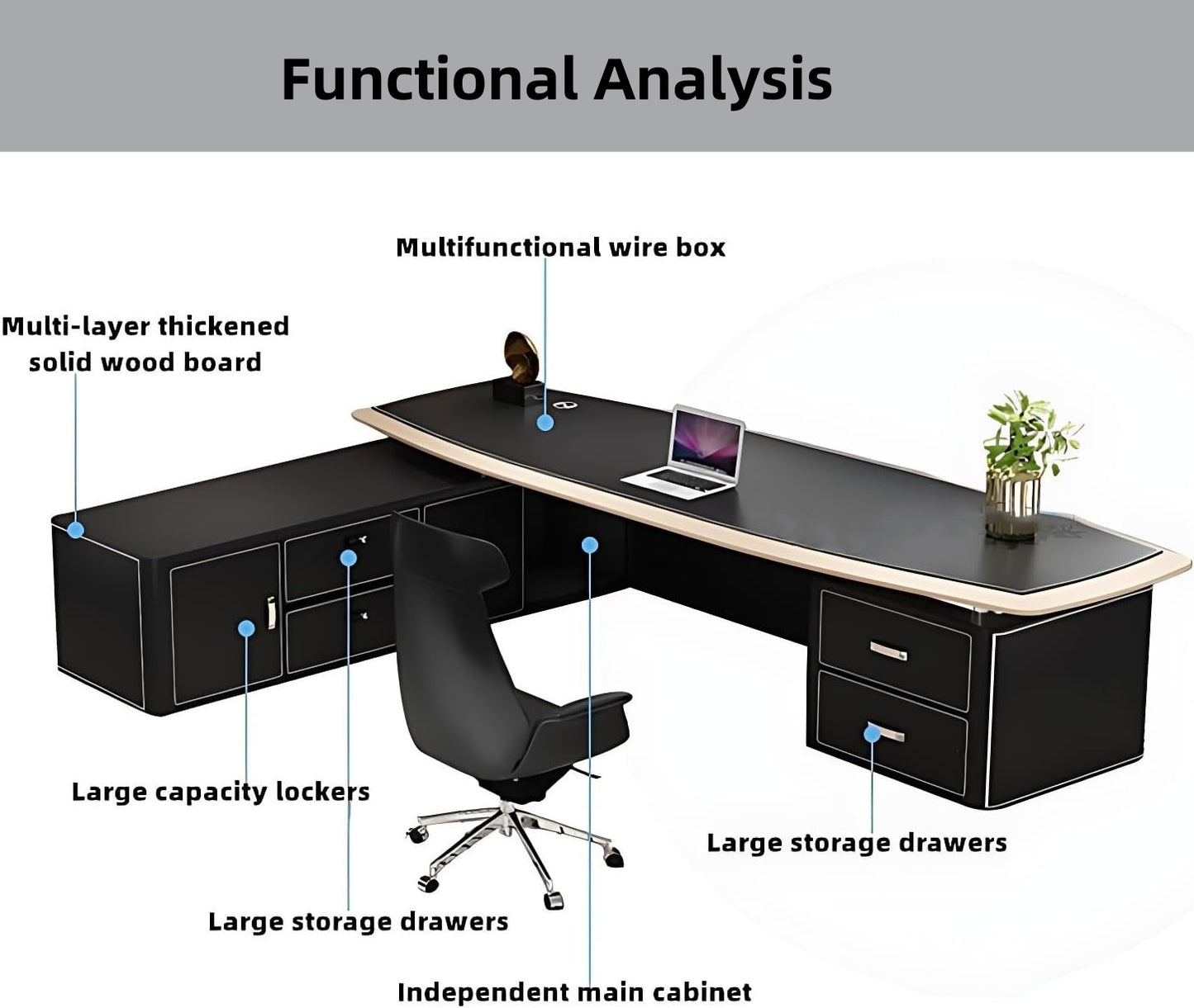 Aihm-Lon Executive Desk with Black Luxury Style Storage 78.7"-125.98"