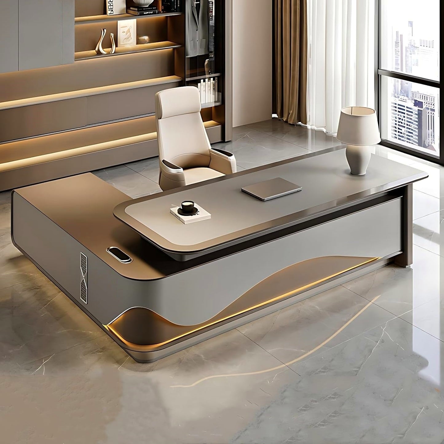 Aihm-Lon Executive Desk with LED Lights 78.7"-141.7"