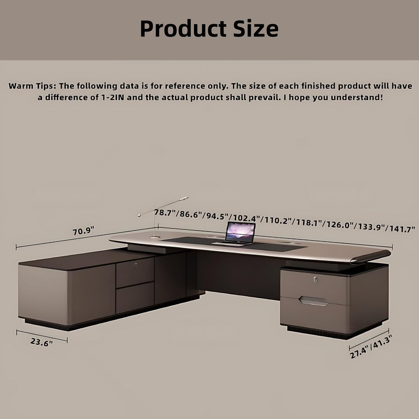 Aihm-Lon Brown Modern Style Executive Desk 78.7"-141.7"