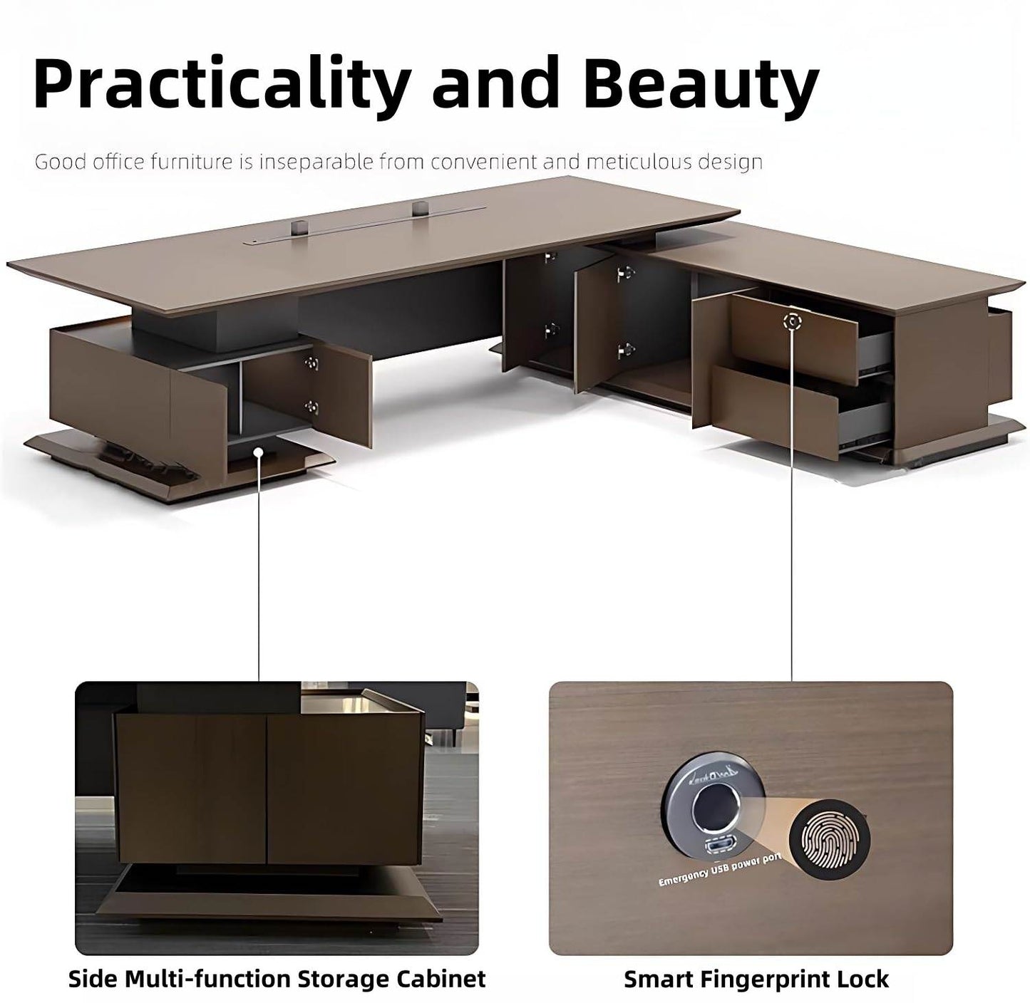 Aihm-Lon L-Shaped Executive Desk with Led Lights 78.7"-133.9"