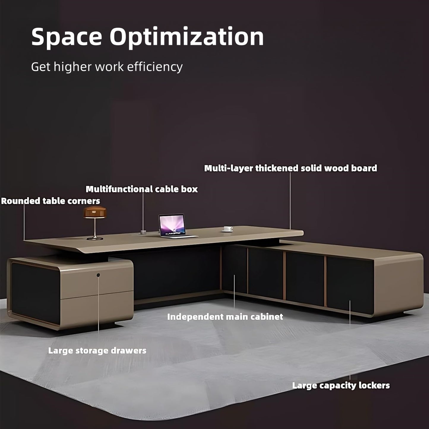 Aihm-Lon Executive Desk with Vintage Gold Large Storage 78.7"-141.7"